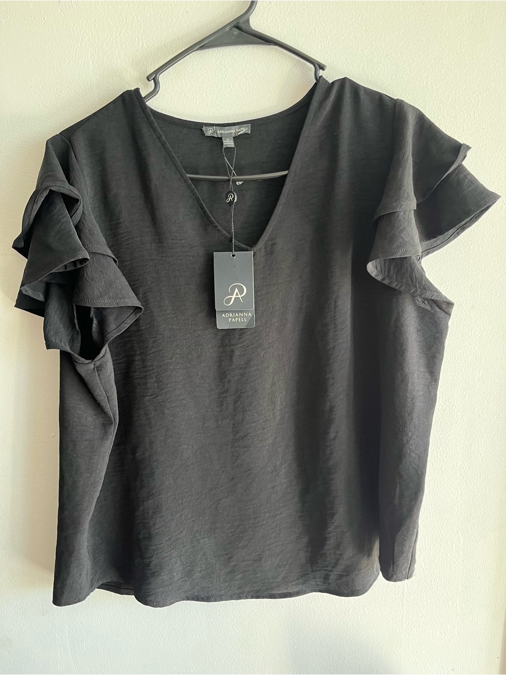 Adrianna Papell Black V-Neck Ruffle Sleeve Blouse
